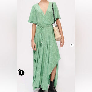 maje Fluid Printed Scarf Dress Sz 36 Small Green Cut Out Vacation MISSING BELT